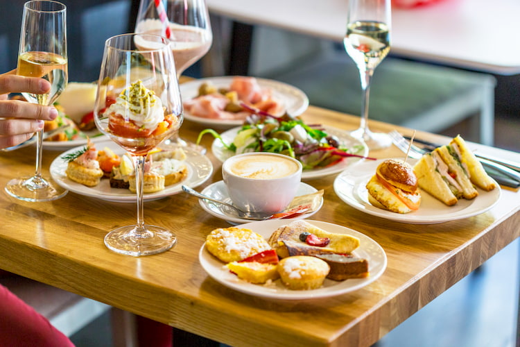 a table filled with food at brunch