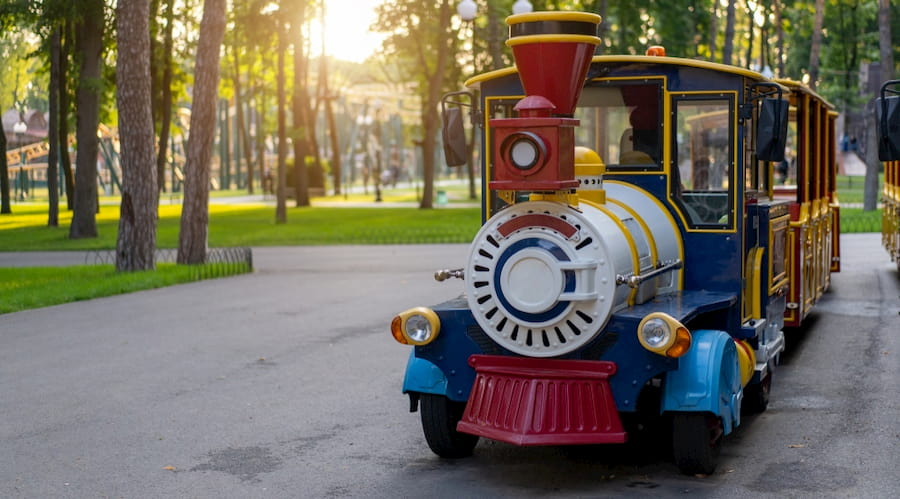 a miniature train waits to give a tour of Tiny Town near Denver, Colorado