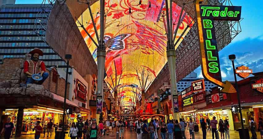 The entrance of the Fremont Street Experience in the evening