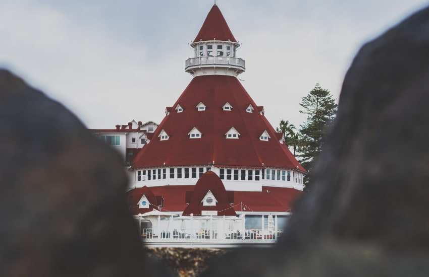A red-roofed tower of the Hotel del Coronado in San Diego