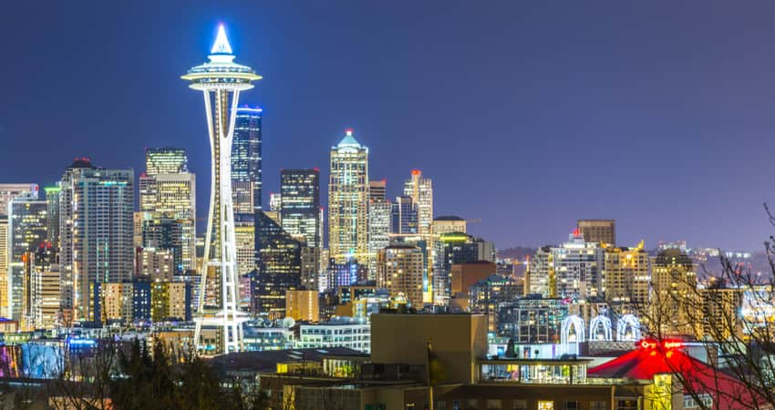 The Space Needle in Seattle illuminated at night