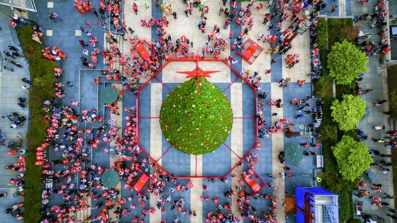 aerial view of San Francisco's Union Square decorated for Christmas