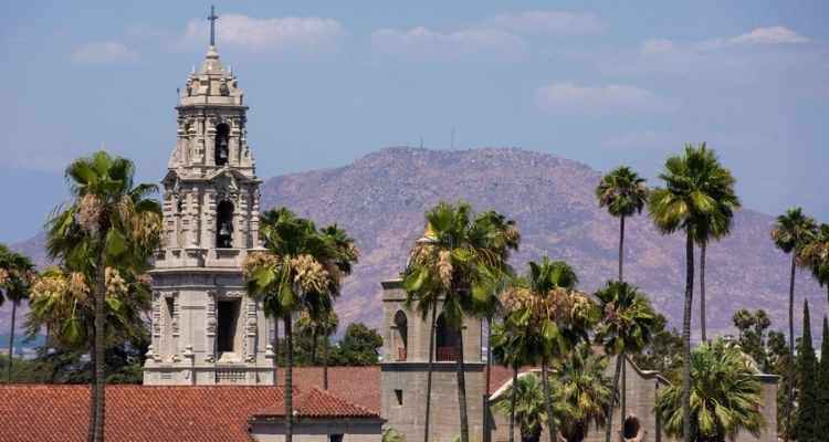 Historic church steeples and palm trees with a mountain top in the distance