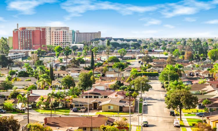Aerial view of an Anaheim residential neighborhood on a sunny day