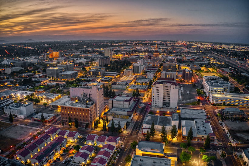 Aerial view of Fresno cityscape at dusk